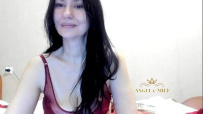 Dark haired MILF in lace stockings and burgundy sexy panties dances and arouses young dicks / Angela-MILF