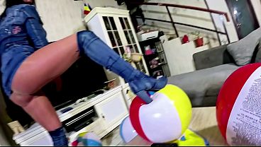 Denim Beach Ball Humiliation. Deepthroat, Popping, Doggy and Double Cum